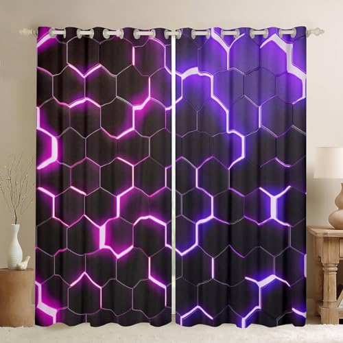 feelingyou Honeycomb Fenster Vorhang, Hexagon Rosa Lila Neon Lichter Fenster Vorhänge für Mädchen Jungen, 3D Fenster Behandlung Vorhänge für Wohnzimmer, S Größe von feelingyou