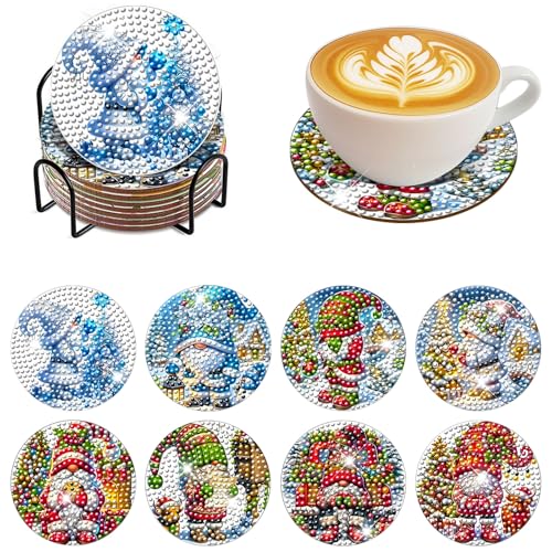 feelive 8 Stück Diamond Painting Untersetzer Mit Halter, DIY Zwerg Diamond Painting für Erwachsene und Anfänger, Weihnachten Untersetzer Küchen Tassenuntersetzer Tisch Deko von feelive