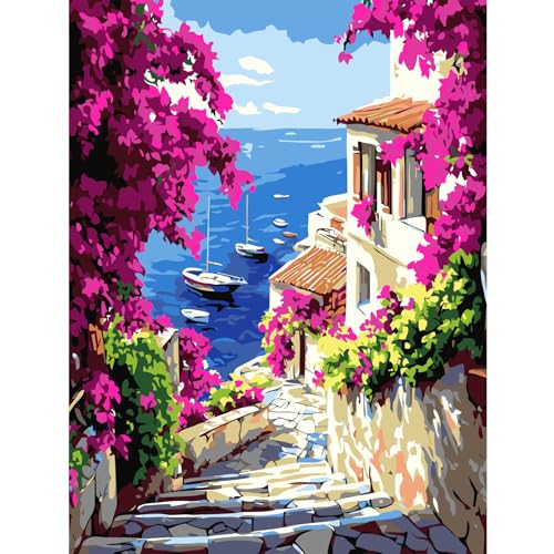 feelive Blume Malen nach Zahlen Erwachsene, DIY Stadt Paint by Numbers Handgemalt Ölgemälde Leinwand Kits Mit Pinseln und Acrylfarbe für Home Wanddekoration 30x40cm von feelive
