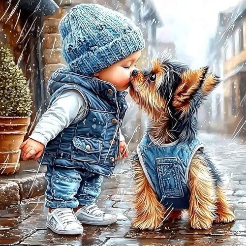 feelive Diamond Painting Kits für Erwachsene, DIY Diamant Painting Bilder für Bausätze Diamantmalerei Junge und Hund 5D Runde Steine Diamant Painting für Zuhause Dekor 30x40cm von feelive