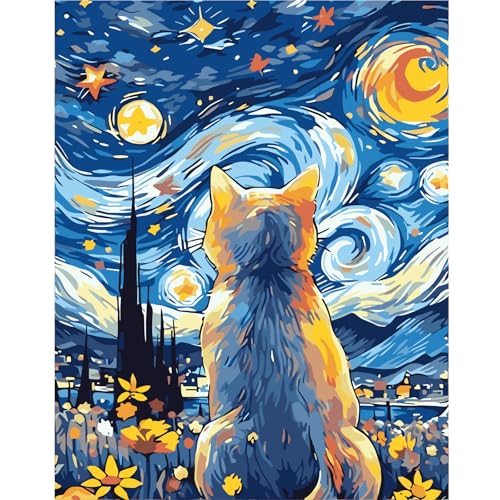 feelive Katze Malen nach Zahlen Erwachsene, DIY Paint by Numbers Sternenhimmel Handgemalt Ölgemälde Leinwand Kits Mit Pinseln und Acrylfarbe für Home Wanddekoration 30x40cm von feelive