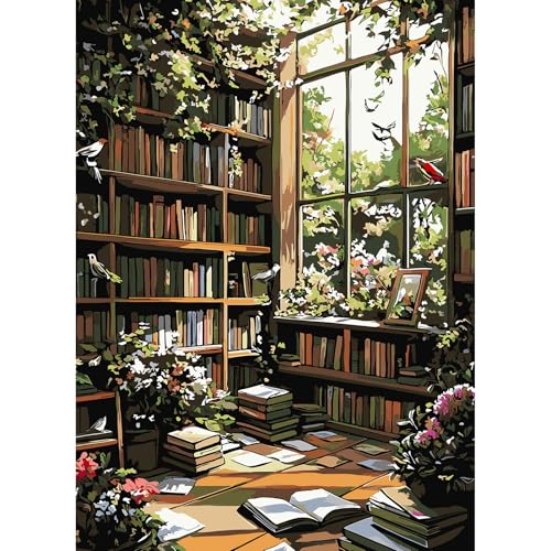 feelive Landschaft Malen nach Zahlen Erwachsene, Bücherhaus DIY Paint by Numbers Adult Mit Pinsels und Acrylfarbe Als Geschenke und Heimdekoration 30 x 40cm (Ohne Rahmen) von feelive