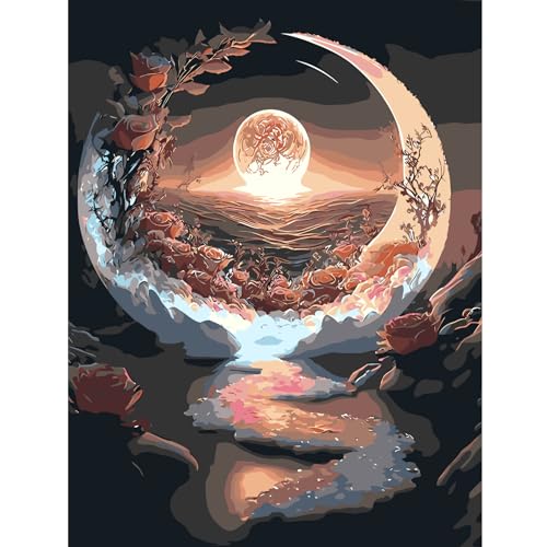 feelive Landschaft Malen nach Zahlen Erwachsene, DIY Mond Paint by Numbers Handgemalt Ölgemälde Leinwand Kits Mit Pinseln und Acrylfarbe für Home Wanddekoration 30x40cm von feelive