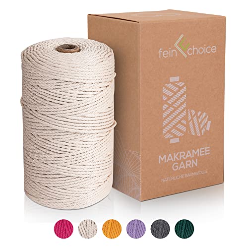 fein choice®Makramee Garn 3mm x 200m, Natürlicher Baumwollgarn für DIY Handwerk, Makramee Wandbehang als Raumschmuck, Naturkordel Makramee Blumenampel, Hängepflanze echte Pflanzen (Natürlich) von fein choice