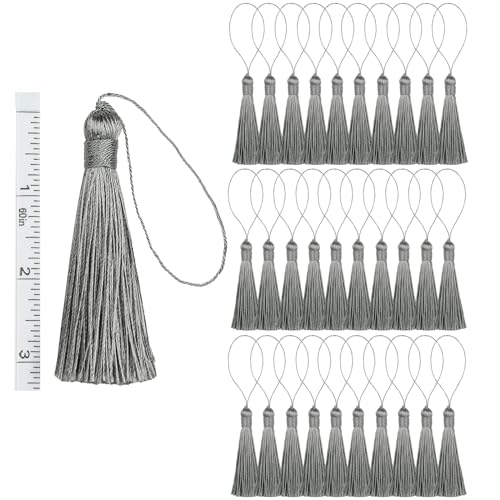 Fenghuangwu 30 Stück handgefertigte Nähquasten zum Basteln, 14,5 cm, seidig-weiche Quasten mit 6,6 cm Kordelschlaufe für DIY Handwerk Zubehör Dekoration (weiches Grau, 30 Stück) von fenghuangwu