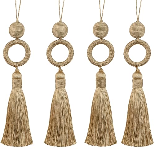Fenghuangwu 4 Stück Türquaste Schlüsselquaste mit Kordelschlaufe, handgefertigte Quaste mit Holzring, DIY-Zubehör für Heimdekoration (4, Gold) von fenghuangwu