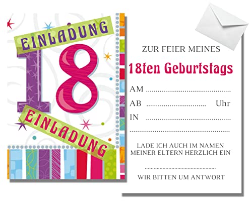 EINLADUNG 12er Pack Kartenset zum 18 Geburtstag Klappkarten A6 mit Umschlag Einladungskarten bunt 18th birthday Geburtstagsfeier Jungen Mädchen Erwachsene von Feste Feiern von festefeiern-shop.de