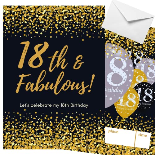 EINLADUNG Kartenset 18 Geburtstag (10 Stück mit Umschlägen) Einladungskarten für 18th birthday in gold schwarz DIN C6 Geburtstagsfeier Jungen Mädchen Erwachsene von Feste Feiern von festefeiern-shop.de