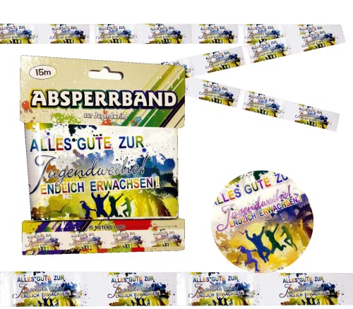 Jugendweihe Deko Absperrband Flatterband Wegweiser I 15 Meter Kunststoffband Outdoor Aufdruck Alles Gute zur Jugendweihe Endlich Erwachsen Jugendfeier bunt Mehrfarbig von Feste Feiern von festefeiern-shop.de