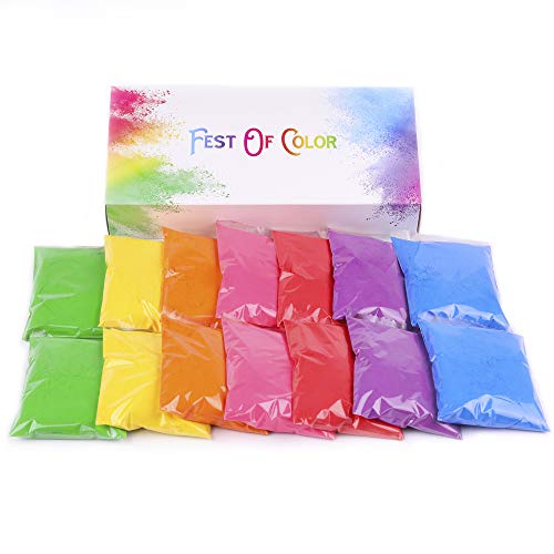 FestOfColor 14 Stück Packungen, je stück 50 g, 7 HELLE farbige Holi Pulver, Pulver für Fotografie, Farben Party, Holi Aktivität, Geburtstagsfeier, Fotoshootings, Geschlecht Shows, Festivals von festofcolor