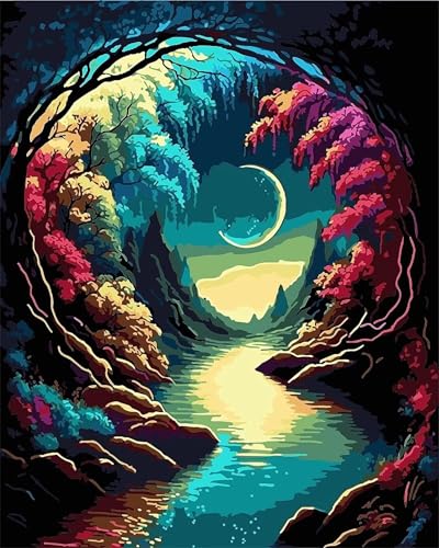 Malen Nach Zahlen Erwachsene,Handgemalt Malen Nach Zahlen für AnfÃnger,Dschungel Moon Creek DIY Ölgemälde auf Leinwand Set,mit 3 Pinseln und Acrylfarben für Home Décor Ohne Rahmen,30x40cm von fghgbf