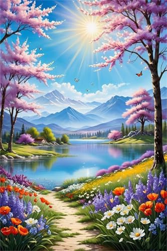 Malen Nach Zahlen Erwachsene,Handgemalt Malen Nach Zahlen für AnfÃnger,Feld Fluss Sonne DIY Ölgemälde auf Leinwand Set,mit 3 Pinseln und Acrylfarben für Home Décor Ohne Rahmen,30x40cm von fghgbf