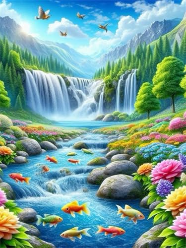 Malen Nach Zahlen Erwachsene,Handgemalt Malen Nach Zahlen für AnfÃnger,Natur Fluss Blume DIY Ölgemälde auf Leinwand Set,mit 3 Pinseln und Acrylfarben für Home Décor Ohne Rahmen,30x40cm von fghgbf