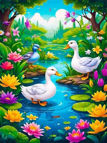 Malen Nach Zahlen Erwachsene,Handgemalt Malen Nach Zahlen für AnfÃnger,Teich Enten Lotus DIY Ölgemälde auf Leinwand Set,mit 3 Pinseln und Acrylfarben für Home Décor Ohne Rahmen,30x40cm von fghgbf