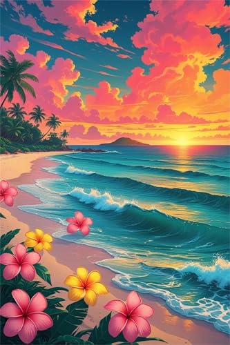 Malen Nach Zahlen Erwachsene Strand Dämmerung Blume,DIY Handgemalt Ölmalerei Leinwand Kits,mit Pinseln Acrylpigment Paint by Numbers Kits Ölmalerei Bastelset für Heimdekoration mit Rahmen,40x50cm von fghgbf