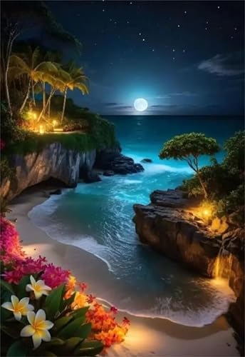 Paint by Number for Adult,Beach Moon Flower DIY Oil Painting Kits on Canvas for Beginner,with Brushes and Acrylic Pigment,Paint by Numbers Arts and Crafts Kit for Home Decor Without Frame,40x50cm von fghgbf