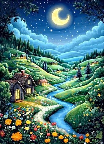 Paint by Number for Adult,Creek Village Moon DIY Oil Painting Kits on Canvas for Beginner,with Brushes and Acrylic Pigment,Paint by Numbers Arts and Crafts Kit for Home Decor with frame,30x40cm Paint by Number for Adult,Creek Village Moon DIY Oil Painting Kits on Canvas for Beginner,with Brushes and Acrylic Pigment,Paint by Numbers Arts and Crafts Kit for Home Decor with frame,30x40cm von fghgbf