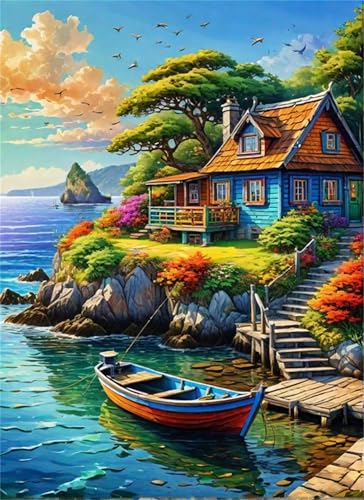 Paint by Number for Adult,Houses Coastal DIY Oil Painting Kits on Canvas for Beginner,with Brushes and Acrylic Pigment,Paint by Numbers Arts and Crafts Kit for Home Decor Without Frame,55x70cm von fghgbf