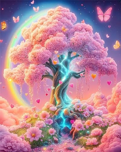 Paint by Number for Adult,Pink Tree Flower DIY Oil Painting Kits on Canvas for Beginner,with Brushes and Acrylic Pigment,Paint by Numbers Arts and Crafts Kit for Home Decor with frame,50x65cm von fghgbf