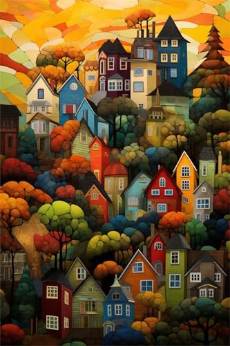 fghgbf Malen Nach Zahlen Erwachsene,Handgemalt Malen Nach Zahlen für AnfÃnger,Abstrakte Stadt DIY Ölgemälde auf Leinwand Set,mit 3 Pinseln und Acrylfarben für Home Décor mit Rahmen,45x60cm von fghgbf