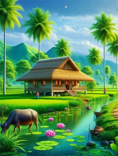 fghgbf Paint by Number for Adult,Cow Pond House DIY Oil Painting Kits on Canvas for Beginner,with Brushes and Acrylic Pigment,Paint by Numbers Arts and Crafts Kit for Home Decor Without Frame,55x70cm fghgbf Paint by Number for Adult,Cow Pond House DIY Oil Painting Kits on Canvas for Beginner,with Brushes and Acrylic Pigment,Paint by Numbers Arts and Crafts Kit for Home Decor Without Frame,55x70cm von fghgbf