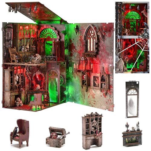 fifijoy Spukhaus Halloween Book Nook Kit, Gruseliges Regal Einsatz Bücherregal Diorama Horror Kunst Miniatur Dekor Gruselige Holzpuzzle Buchstützen Buchecke (Haunted Mansion) von fifijoy