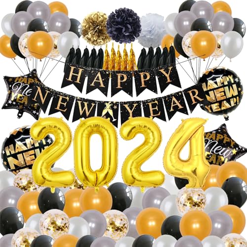 47 Stück Neujahrsballon 2024 Dekoration Set，Silvester Party Supplies 2024，Neujahr schwarz Gold Goldballons für Frohes Neues Jahr Partydekorationen von fiintrwa
