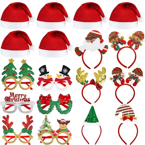 fiintrwa 18PCS Weihnachtsbrillen und Weihnachtsmann Mütze Set, Lustig Weihnachts Haarreif, Weihnachtsassesoires Geeignet für Erwachsene und Weihnachten kinder Weihnachtsfeier von fiintrwa