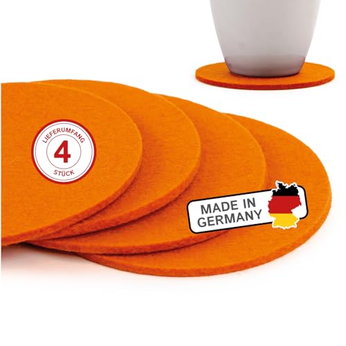 filzbrand Filz Untersetzer rund für Gläser, Filzuntersetzer 4 Stück (4er Set), Ø 10 cm in orange, 3 mm dick, Glasuntersetzer, Getränkeuntersetzer aus Designfilz 100% Wolle – Made in Germany von filzbrand