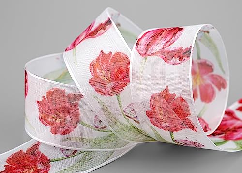 18 m x 40 mm Dekoband CHIFFON TULPEN ROT Chiffonband mit formstabilen Kanten Schleifenband Blumen Schmetterling Sommer Dekoration halbtransparentes Band Geschenkband Frühjahr Landhaus von finemark