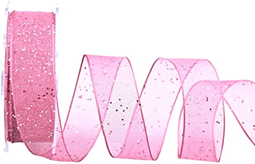 20 m x 25 mm Dekoband GLITZER HELLROSA Rosa Stoffband Transparent glänzend Organza mit Drahtkanten elegant Weihnachten Advent Geburtstag Premium Glitter Ribbon Chiffon Chiffonband Draht von finemark