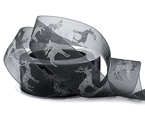 20 m x 40 mm Chiffonband HIRSCH Schwarz Silber Geschenkband glänzend Dekoband transparent Chiffon Schleifenband Stoffband Deko Geschenkverpackung Glitzer Band Herbst Winter Weihnachten Advent von finemark