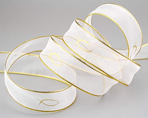 3 m x 25 mm Chiffonband FISCHE KOMMUNION Konfirmation CHIFFON WEISS GOLD Dekoband Geschenkband Schleifenband transparent von finemark