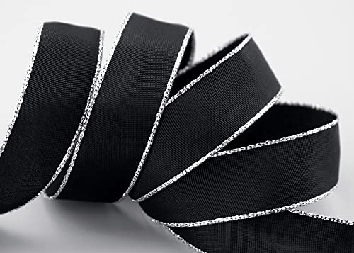 3 m x 25 mm Dekoband "Fairy Tale" SCHWARZ SILBER Drahtkantenband mit Lurex Metallgarn Schleifenband Goldkante Silberkante Geschenkband Weihnachten Stoffband Metallic glänzend von finemark