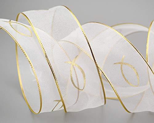 3 m x 40 mm Chiffonband FISCHE KOMMUNION Konfirmation CHIFFON WEISS GOLD Dekoband Geschenkband Schleifenband transparent von finemark