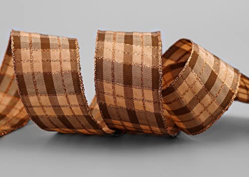3 m x 40 mm Karo Weihnachtsband BRAUN KUPFER (149) mit Lurex Drahtkantenband Dekoband Geschenkband Schottenkaro Glanzband Goldkante Draht Schleifenband Winter Christmas Check von finemark