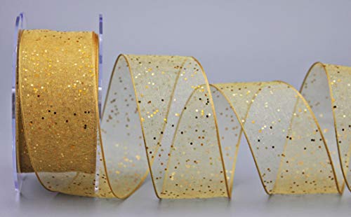 Dekoband GLITZER GOLD 20 m x 40 mm (Rolle) Stoffband Transparent Beige glänzend Organza mit Drahtkanten elegant Weihnachten Advent Geburtstag Premium glitter ribbon von finemark