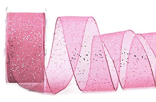 Dekoband GLITZER ROSA 20 m x 40 mm (Rolle) Stoffband Transparent glänzend Organza mit Drahtkanten elegant Weihnachten Advent Geburtstag Premium glitter ribbon von finemark