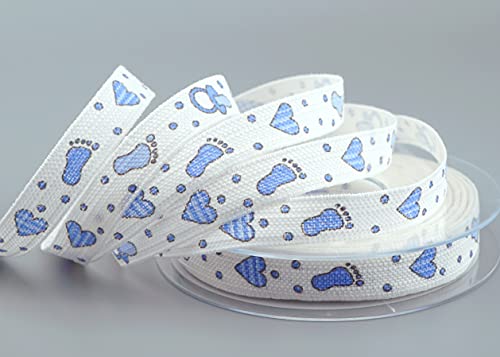 finemark 15 m x 15 mm Dekoband Happy Baby Weiss Hellblau Blau Baumwollband Newborn Geburt Junge Taufe Schleifenband umweltfreundlich 100% abbaubar Füsse Herzen Schnuller Nuckel von finemark