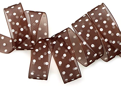 finemark 20 m x 25 mm Dekoband Chiffon Punkte BRAUN mit formstabilen Kanten Geschenkband Schleifenband transparent Organza Hochzeit Geburtstag Chiffonband Ostern Kinder Dots Gepunktet von finemark