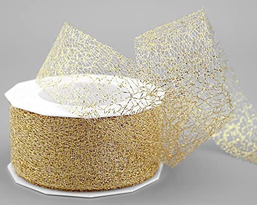 20 m x 40 mm Dekoband MAGIC LACE GOLD transparent metallisch glänzend Geschenkband Schleifenband Weihnachten Dekoration Spitze Spitzenband Effektband Glanzband Lurex von finemark