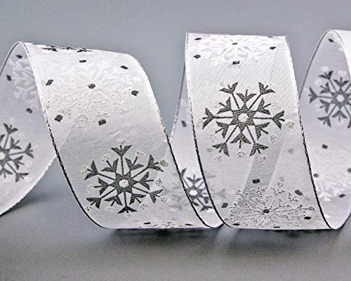 20 m x 40 mm Dekoband "Snow Wonder" WEISS Silber Geschenkband Schneeflocken Chiffonband mit Draht Lurex Schleifenband glänzend Winter Weihnachten von finemark