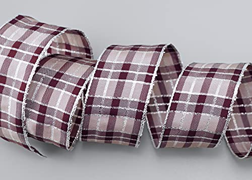 finemark 20 m x 40 mm Karo Weihnachtsband Pflaume Silber (259) mit Lurex Drahtkantenband Dekoband Geschenkband Schottenkaro Glanzband Goldkante Draht Schleifenband Winter Christmas Check von finemark