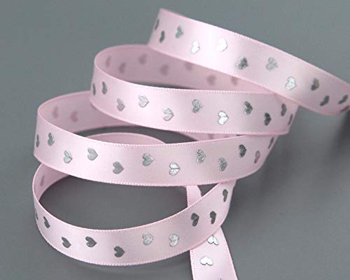 finemark 25 m x 15 mm Dekoband Baby Hearts ROSA Satinband Geburt Band Taufe Schleifenband Geschenkband Herzen Silber Satin weich und glänzend ohne Draht von finemark