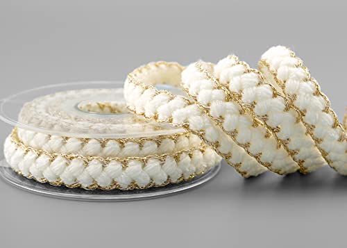 finemark 5 m x 12 mm Zopfkordel Weiss Gold Dekoband Häkelband Häkelkordel Flechtwerk Geflecht Kordel mit Lurex Cord Schnur Flechtschnur Zopf Deko Schleifenband Geschenkband Weihnachten von finemark