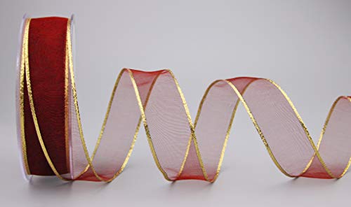 finemark Chiffon Dekoband Bordeaux/Gold 20 m x 25 mm (Rolle) Chiffonband Organza mit Goldkante transparent Geschenkband Drahtkantenband Schleifenband elegant Weihnachten Band von finemark