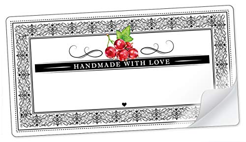 10 STICKER RECHTECKIG WEIß SCHWARZ ROT Johannisbeere und Ornamente"Handmade with Love" mit Freitextfeld für Johannisbeermarmelade, Konfitüre • Etiketten Format: 96 mm x 50,8 mm, matt von fioniony