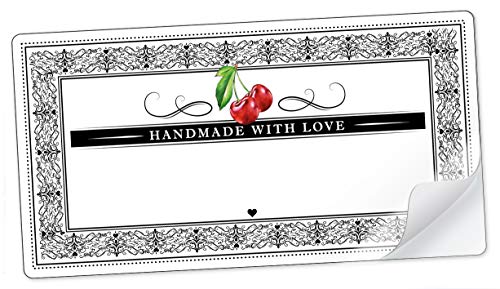 10 STICKER RECHTECKIG WEIß SCHWARZ ROT KIRSCHEN und Ornamente Handmade with Love mit Freitextfeld für Kirschmarmelade, Sirup, Schnaps, Likör, Saft u.v.m. Etiketten Format 96 mm x 50,8 mm, matt 10 STICKER RECHTECKIG WEIß SCHWARZ ROT KIRSCHEN und Ornamente Handmade with Love mit Freitextfeld für Kirschmarmelade, Sirup, Schnaps, Likör, Saft u.v.m. Etiketten Format 96 mm x 50,8 mm, matt von fioniony