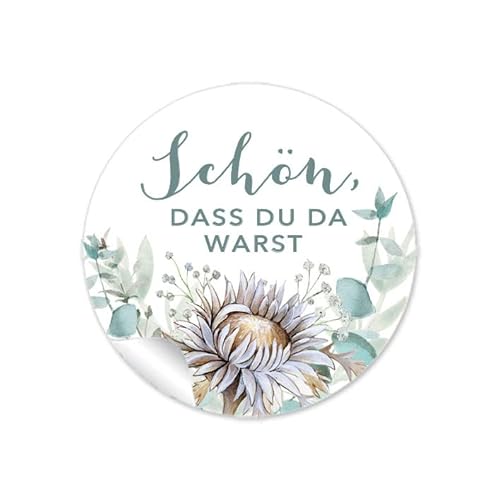 24 Aufkleber Sticker Schön, dass du da warst Trockenblume Lagurus-Samt-Gras Silberdistel Eukalyptus Zweige Boho Greenery grün Gastgeschenke Hochzeit & Taufe (Schön, dass du da warst) von fioniony