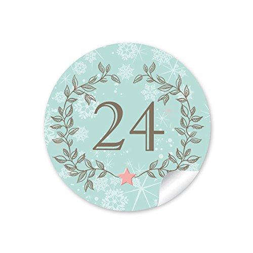 24 DIY Adventskalenderzahlen Mint Kranz Vintage für einen DIY Adventskalender Papiertüten zum selber basteln 1 – 24 Format 4 cm, rund, matt von fioniony